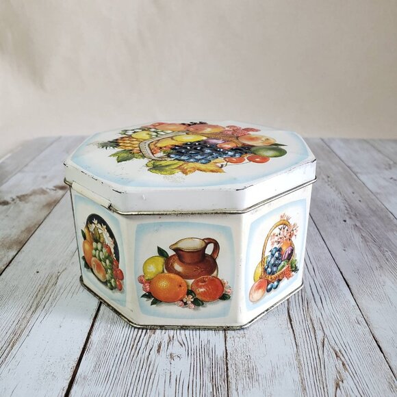 Octagonal Metal Candy Box Tin with Brightly Coloured Fruit Basket Vintage - Picture 2 of 10